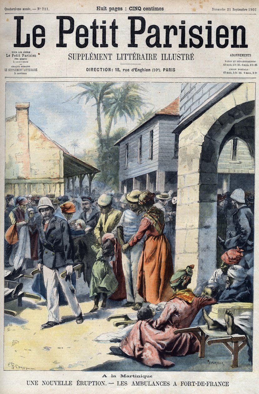 Nyt vulkanudbrud fra vulkanen Montagne Pelee på Martinique: ambulancer i Fort de France (Fort-de-France). Indgravering i ""Den lille pariser"" af French School