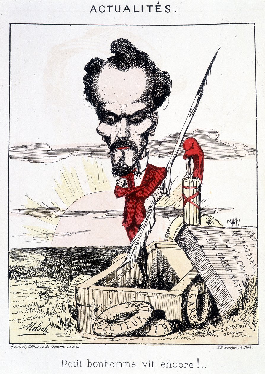 Nyheder - Lille bonhomme vit encore!. Karikatur om Rochefort, der står i en grav. af French School