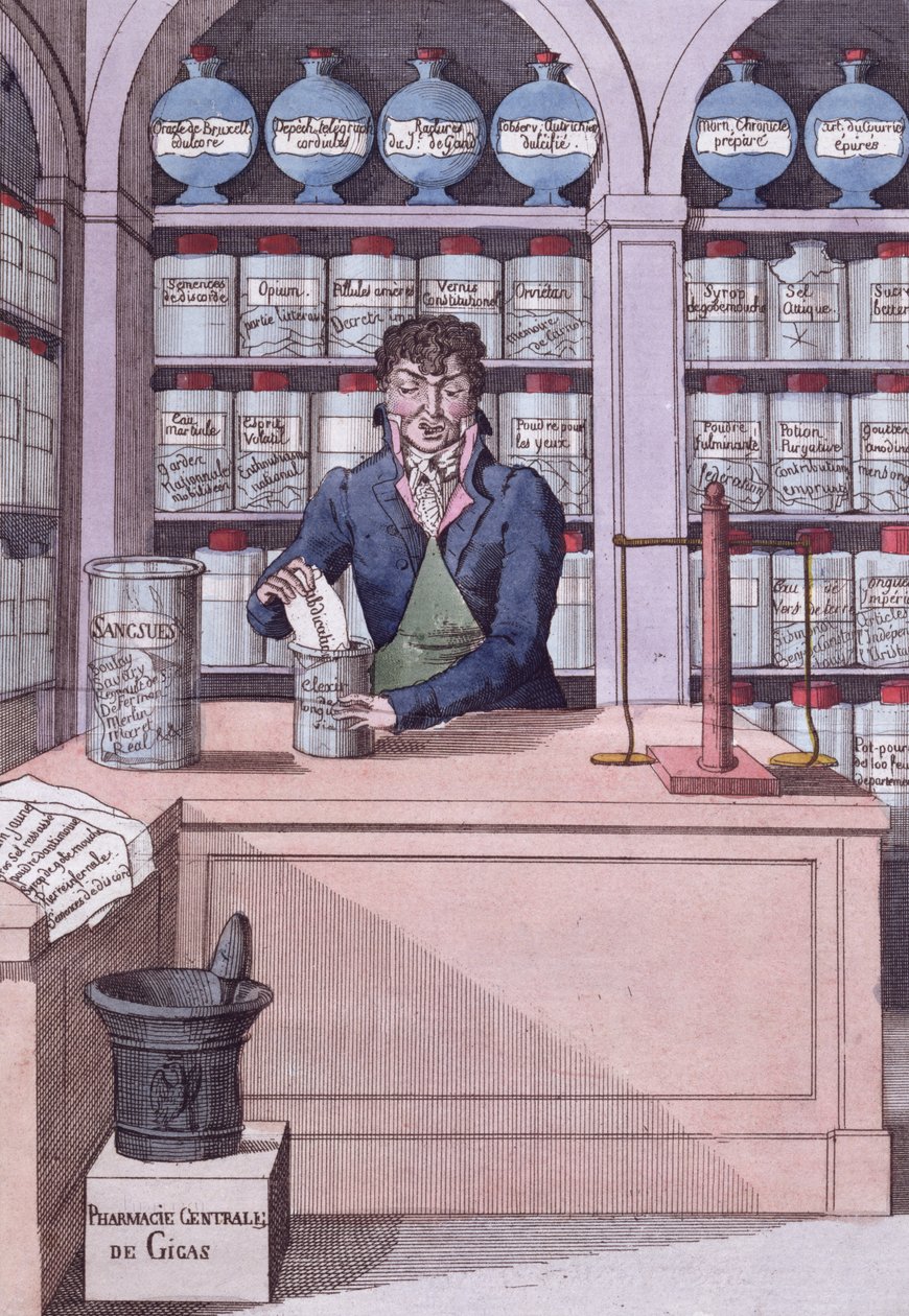 Avisdispenser under Napoleon, eller Kemikerakademiker, tegneserie, der skildrer pressen knust af Napoleon (farvegravering) af French School