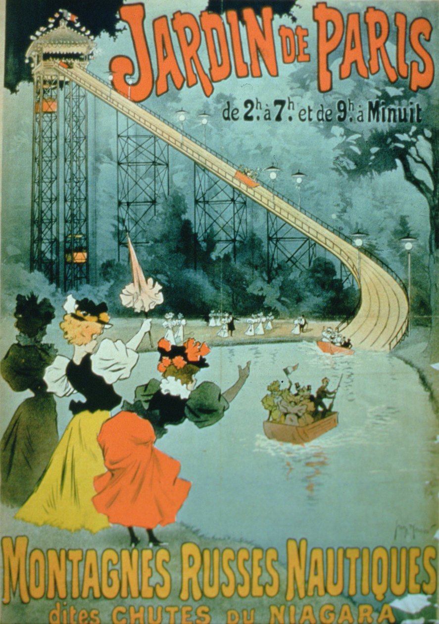 Vandrutsjebanen "Niagara Falls" i Jardin de Paris (farvelitografi) af French School