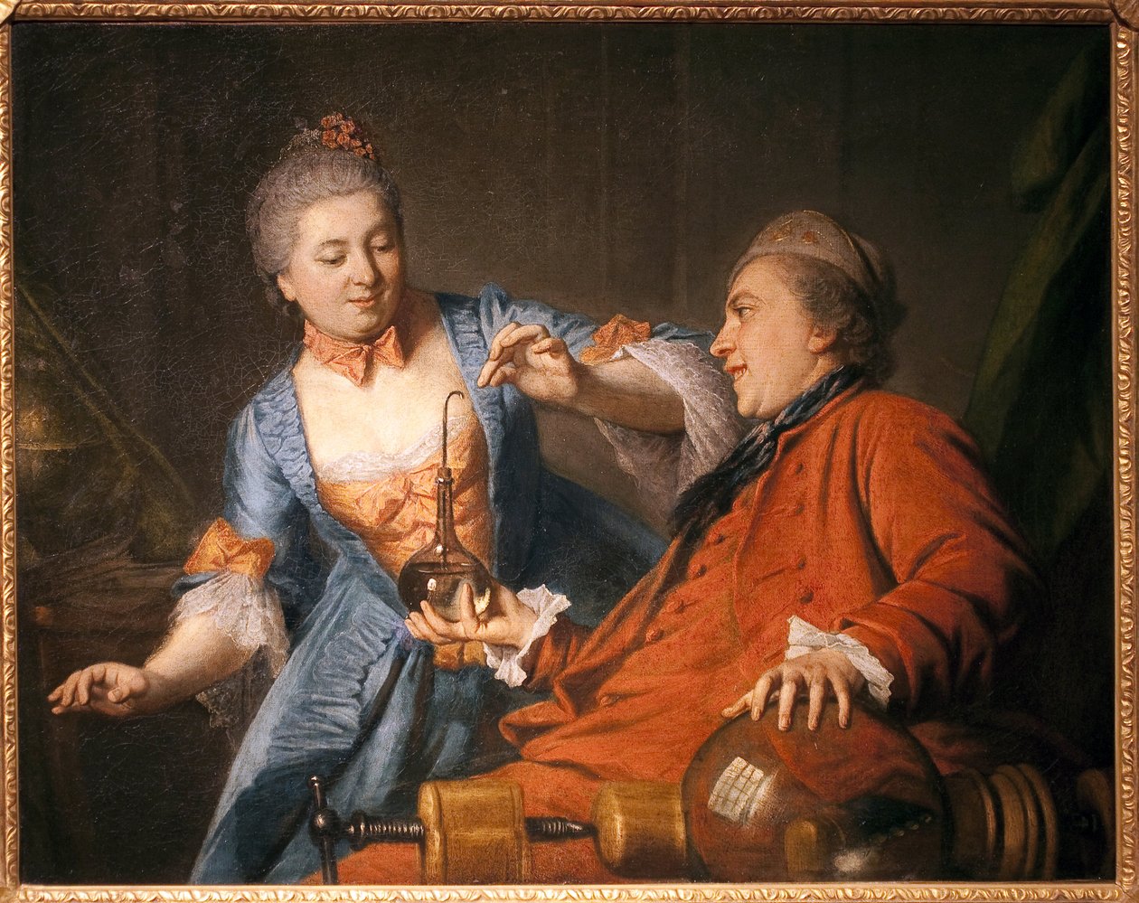 Nicolas Bergeat (1733-1815) og Madame de Maisoncel laver et eksperiment i fysik. Maleri af en anonym remois, olie på lærred af French School