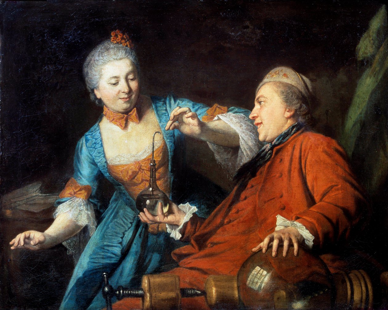 Nicolas Bergeat (1733-1815) og Madame de Maisoncel udfører et eksperiment i fysikanonymt maleri af den franske skole. 1770. Reims, Museum of Fine Arts af French School