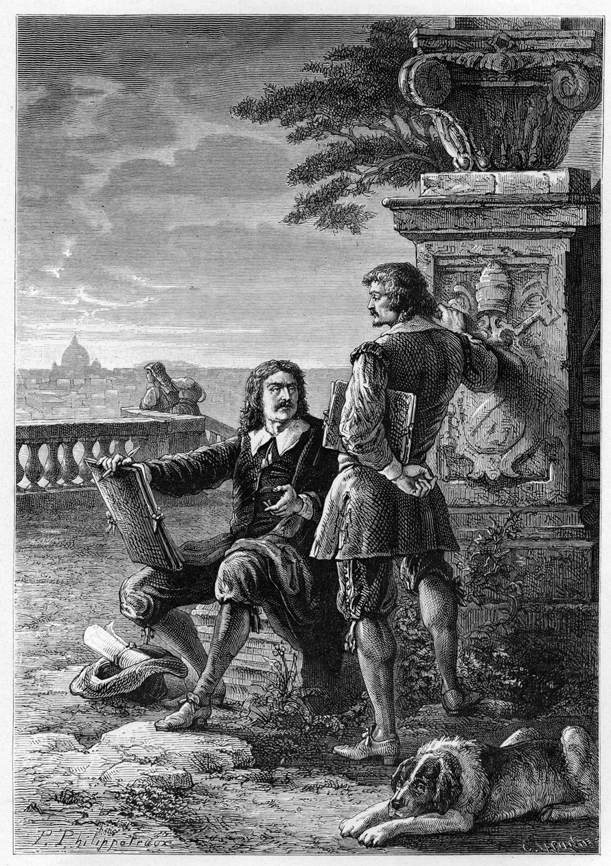 Nicolas Poussin (1594-1665), fransk maler, med Claude Gellee, dit le Lorrain (1600-1682) i Rom (Trinita dei Monti) gravering fra "" Frankrigs historie fortalt til mine børnebørn""" - af Francois Guizot - 1872-1876 af French School