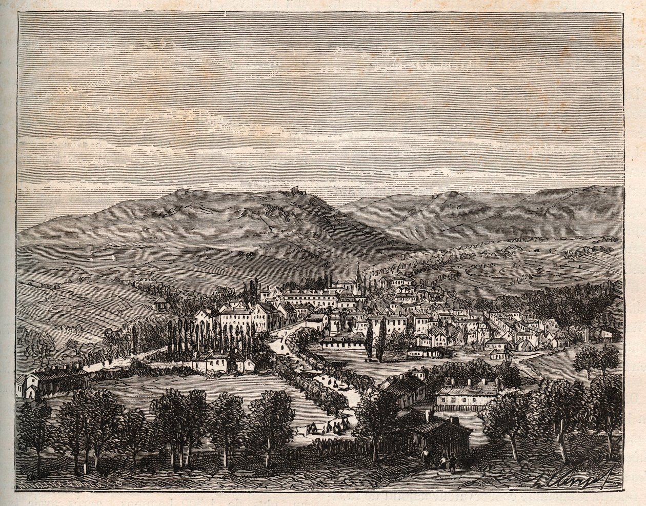 Niederbronn-les-Bains i Alsace - indgravering i "La France illustrée: geografi, historie, statistisk administration" af V.A. Malt-Brown. 1884 af French School