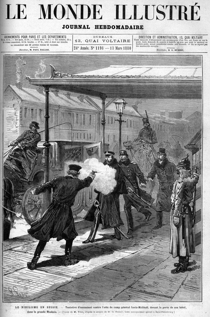 Nihilisme i Rusland - Attentatforsøg mod Aide de Camp, general Loris Melikoff, uden for døren til hans hotel i det store Moskaia. Forside til "" The Illustrous World "", marts 1880. af French School