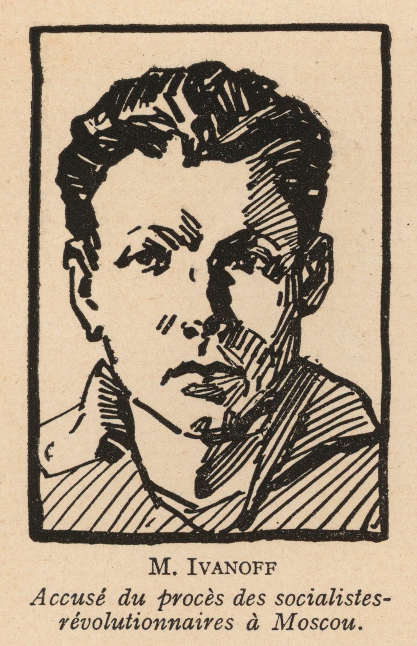 Nikolai Ivanov, russisk socialistrevolutionær politiker, som var en af de anklagede i Moskvaprocessen mod socialistrevolutionærer i 1922, den første sovjetiske skueproces (litografi). af French School