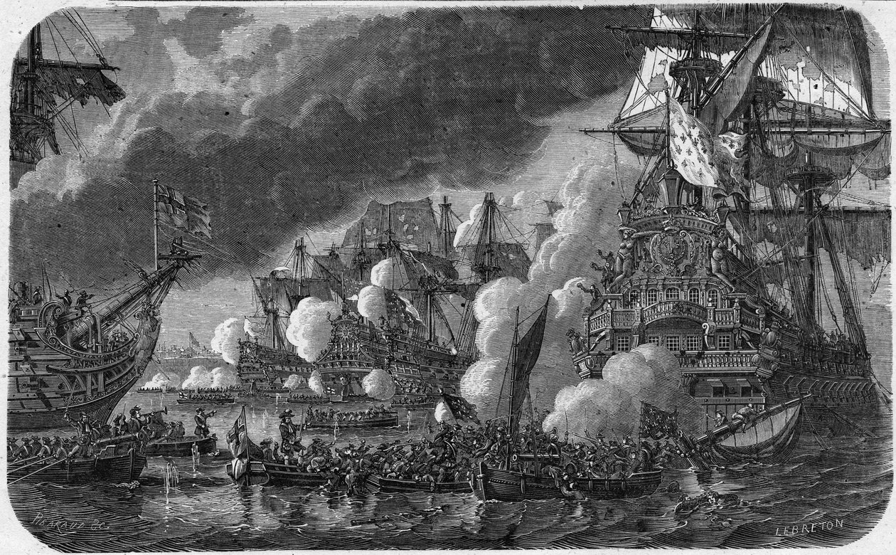 Niårskrig (Krig fra Augsburgs Liga) (1688-1697): Slaget ved Hougue den 19/05/1692 mellem den engelsk-hollandske flåde og den franske flåde af viceadmiral Anne Hilarion af Costentin (Cotentin) , greve af Tourville (1642-1701). Hun så nederlaget af French School