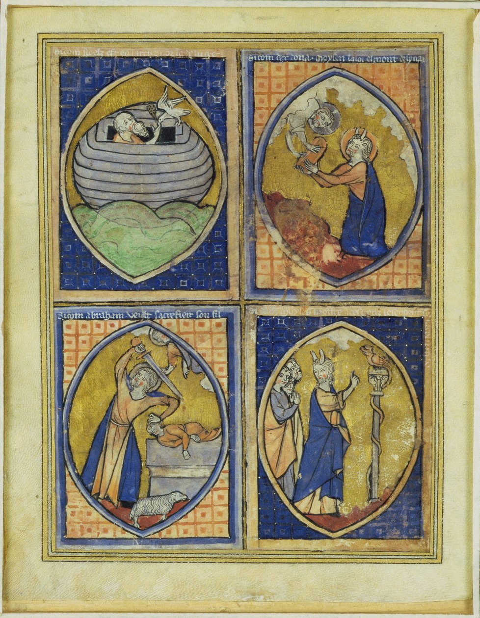 Noa modtager den hvide due, Moses modtager lovens tabeller, offeret af Abraham, Moses og den skamløse slange, slutningen af det 13. århundrede af French School