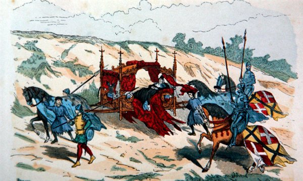 Adelsmand bliver båret i et kuld af holdere i det 14. århundrede i Europa (farve litho) af French School