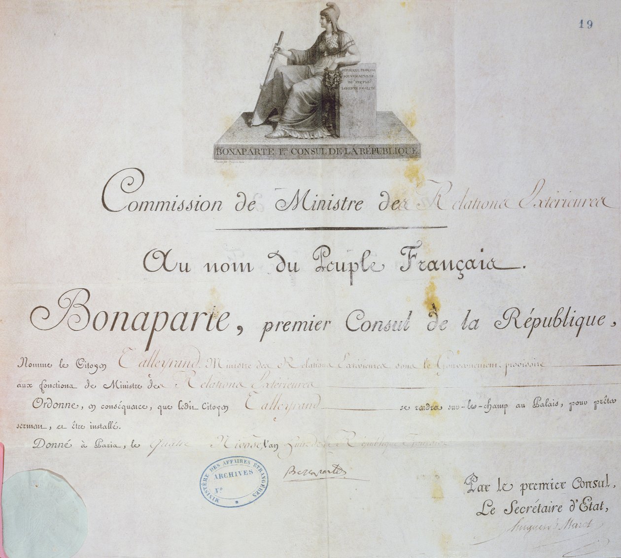 Udnævnelse af Charles Maurice de Talleyrand-Perigord (1754-1838) til stillingen som udenrigsminister, ca. 1797 af French School