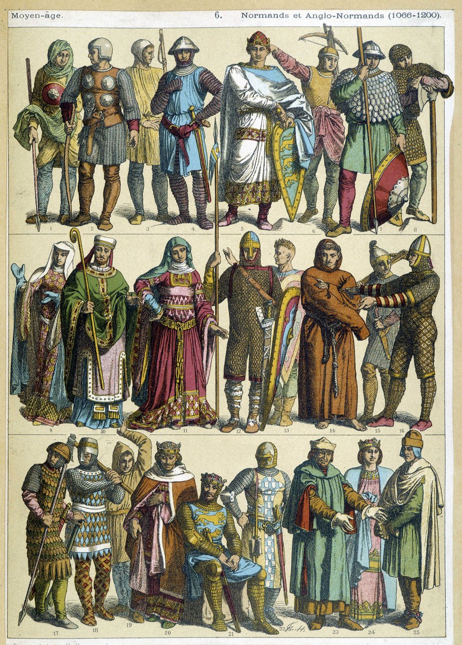 Norman og anglo-normanniske civile, religiøse og krigerkostumer (1066-1200) - gravering af French School