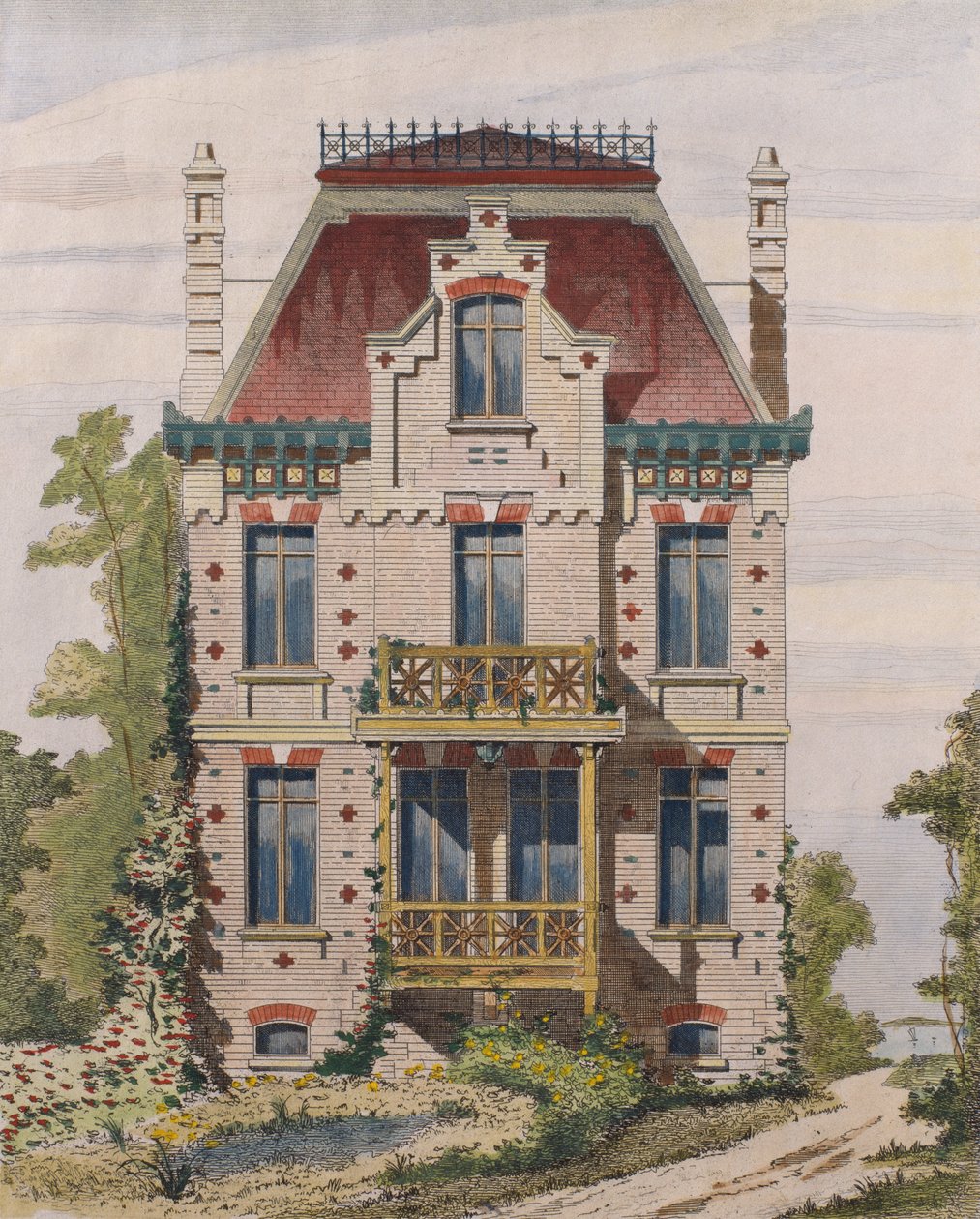 Normannisk villa ved Villers sur mer, Normandiet, illustration fra Le Moniteur des architectes, 1883 (farvegravering) af French School