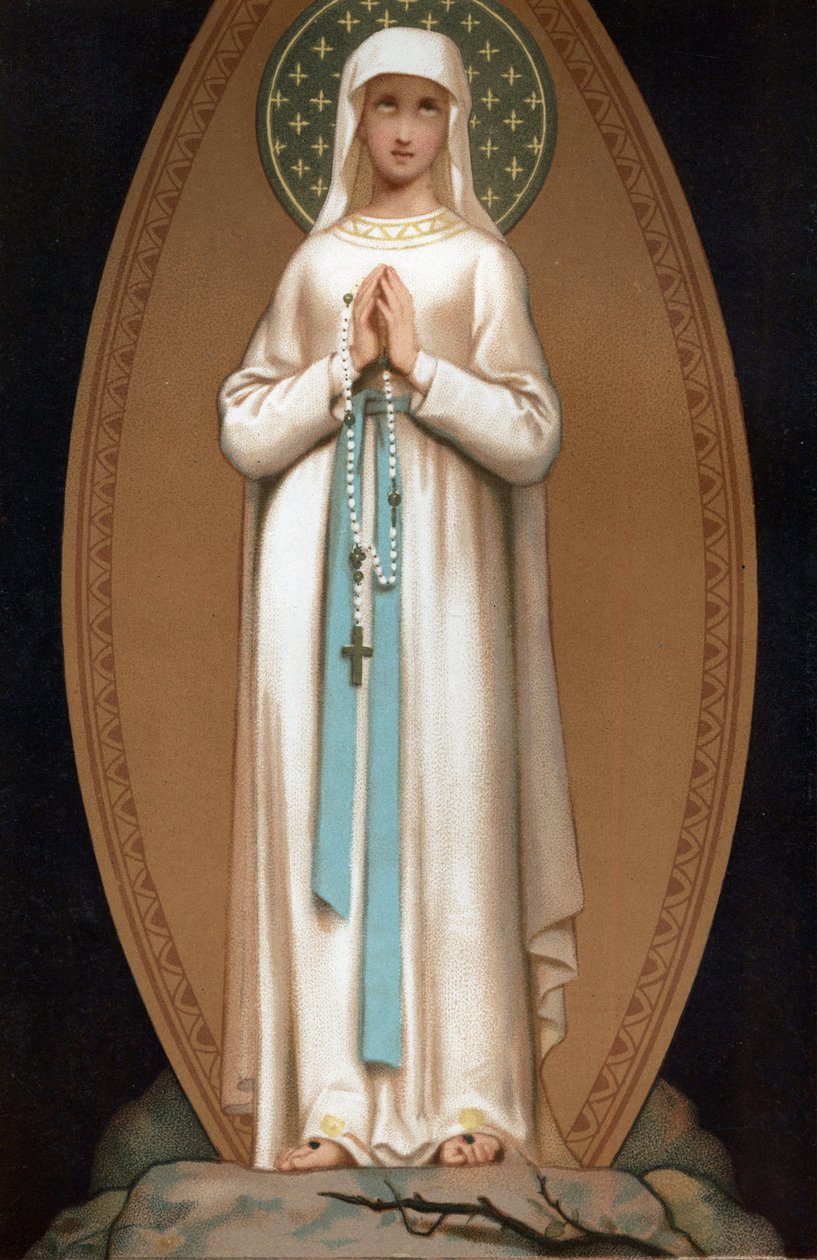 Notre Dame de Lourdes: repræsentation af Jomfru Maria, som den ville have set ud for Bernadette Soubirous i Lourdes-hulen i 1858. Kromolitografi. Frontispice af "" Notre Dame de Lourdes"" af Henri Lasserre af French School