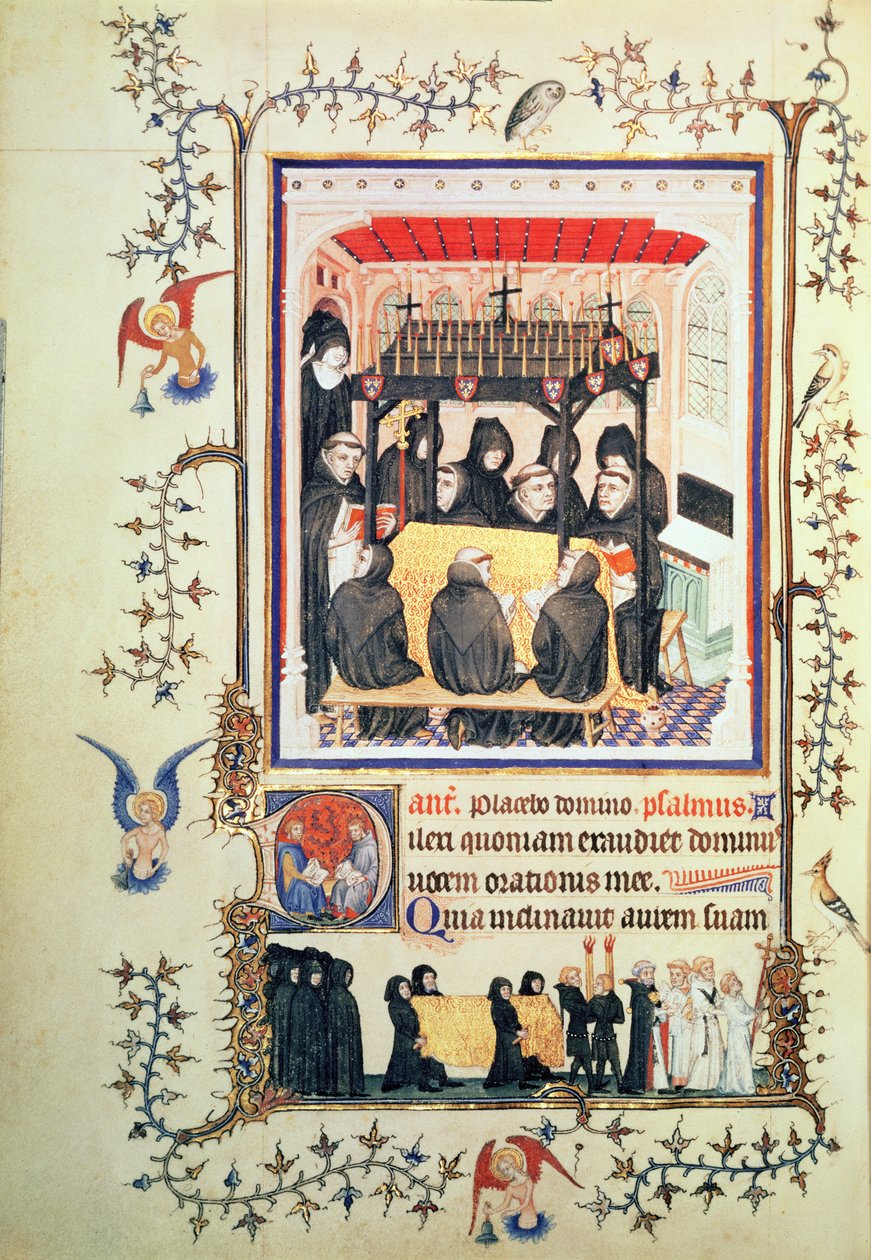 Nye Lat 3093 f.104 Munke, der beder, fra Tres Belles Heures de Notre Dame de Duc de Berry, c.1380 af French School
