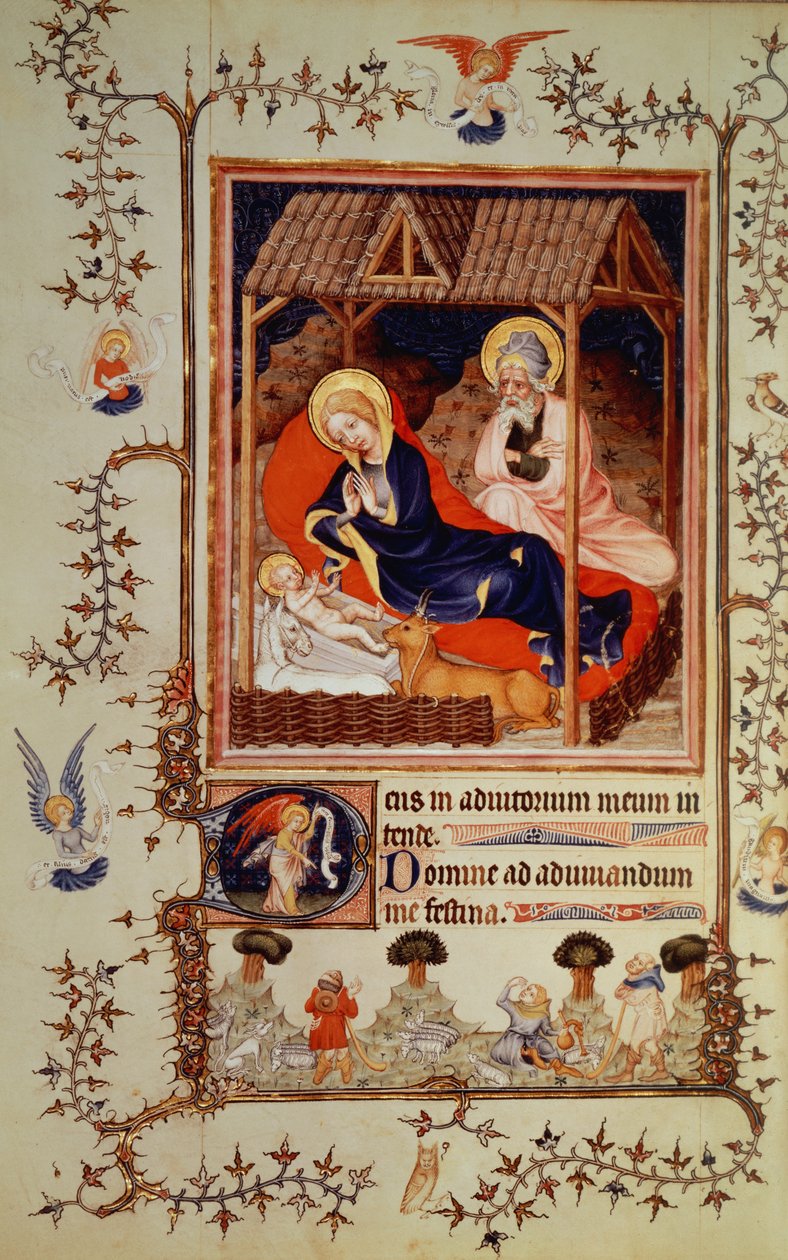 Nouv Lat 3093 f.42 Fødsel og besøg af hyrderne, fra Duc de Berrys Tres Belle Heures, påbegyndt c.1382 af French School