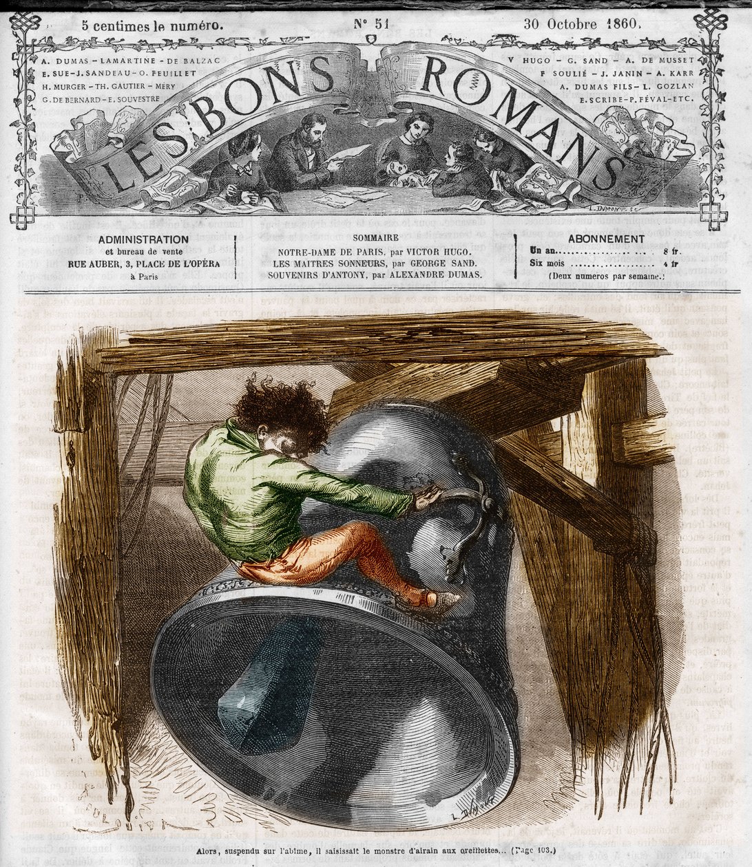 Romanserie: "Notre Dame de Paris" af Victor Hugo (1802-1885). Quasimodo på klokketårnet. Indgravering i "" Les bons romances"" af French School