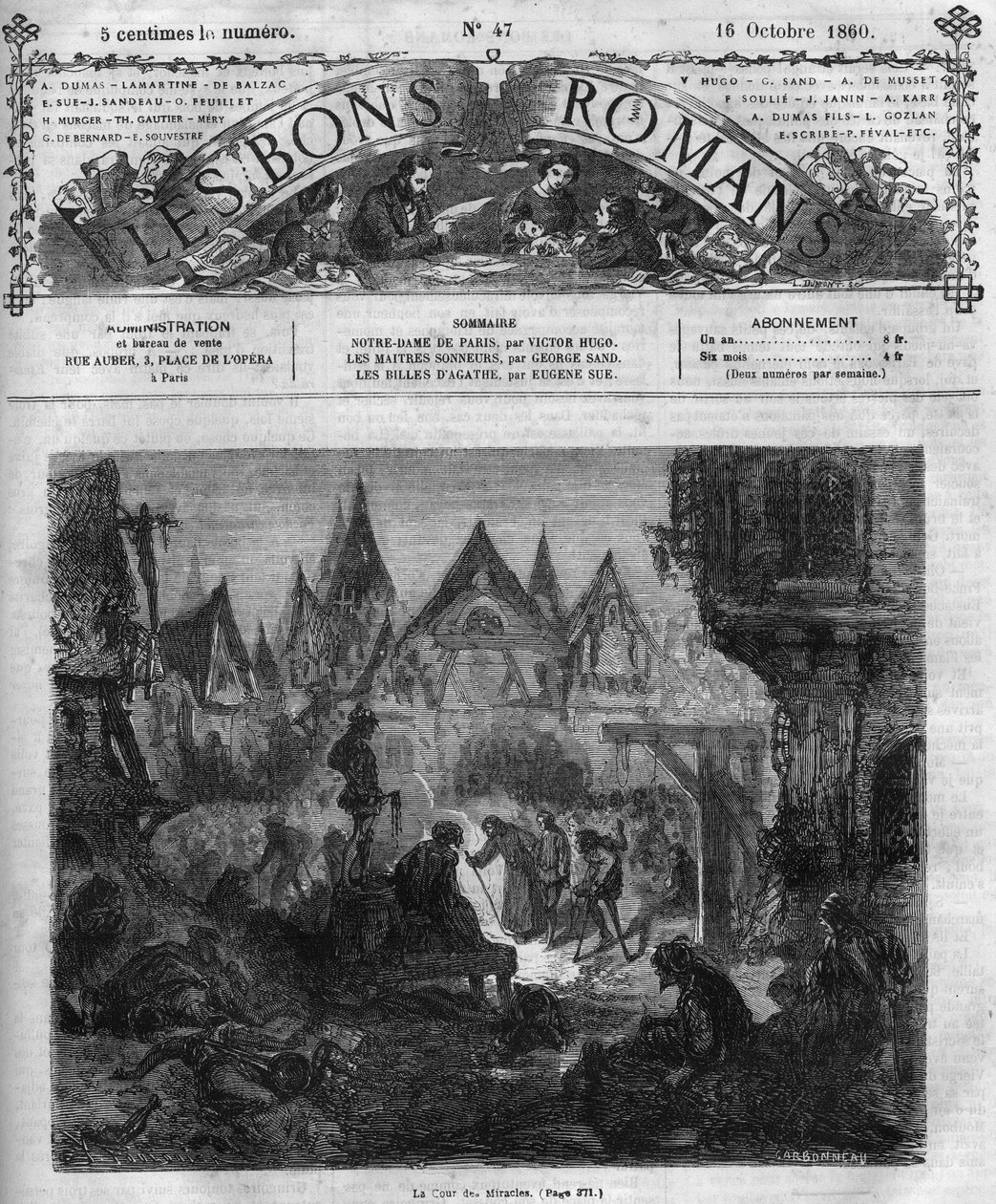 Romanserie: "Notre Dame de Paris" af Victor Hugo (1802-1885). Miraklernes domstol. Indgravering i "" Les bons romances"" af French School