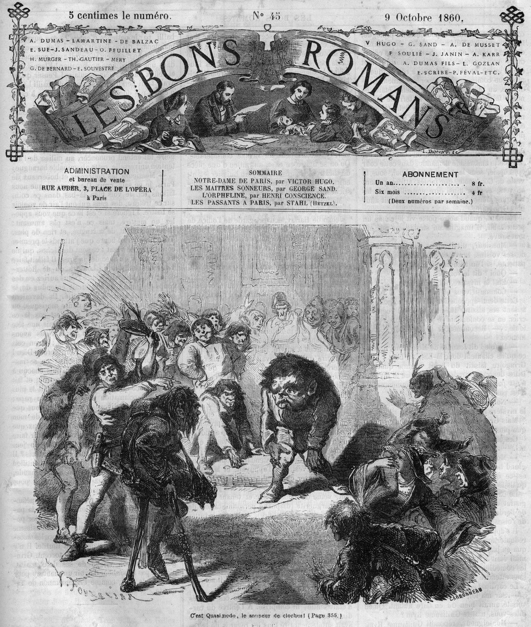 Romanserie: "Notre Dame de Paris" af Victor Hugo (1802-1885). Publikum blev bange og grinede foran Quasimodo, klokkerne ringer. Indgravering i "" Les bons romances"" af French School