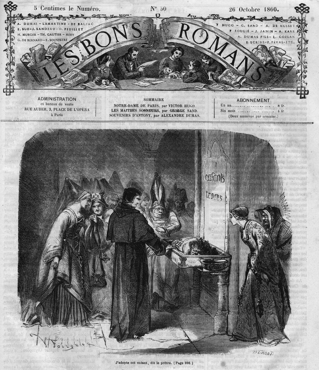 Romanserie: "Notre Dame de Paris" af Victor Hugo (1802-1885). Præsten beslutter at adoptere Quasimodo. Indgravering i "" Les bons romances"" af French School