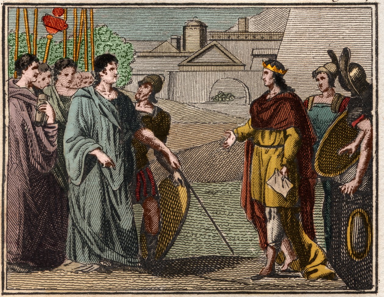 Numa Pompilius, legendarisk anden konge af Rom, returnerer det hellige skjold til præsterne på Mars. af French School