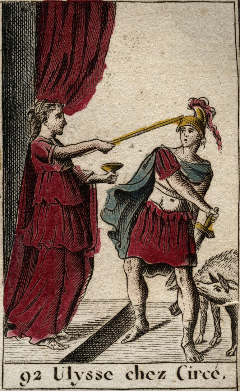 Odyssee af Homere: heltene Ulysses ved magikeren Circe. Bag ham forvandlede hun sine ledsagere til grise. (Homer