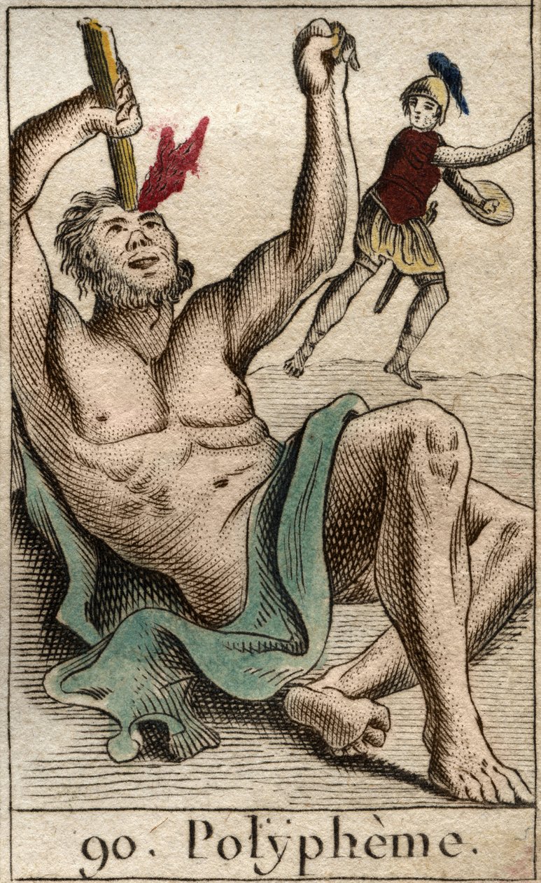 Odysseus (eller Ulysses) blænder kyklopen Polyphemus, fra "Mythologie de la Jeunesse" af Pierre Blanchard af French School