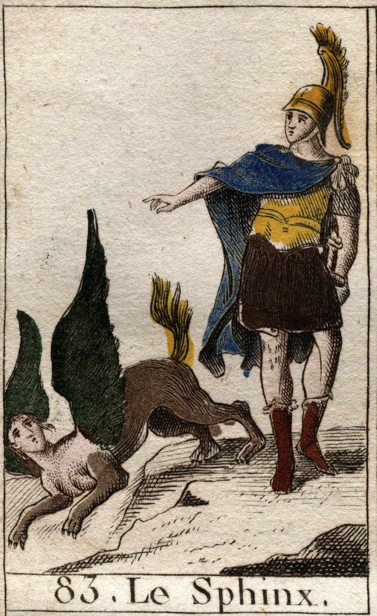 Ødipus løser gåden om sfinksen, der kaster sig fra sin høje klippe. Fra "Mythology of Youth" af Pierre Blanchard 1803. af French School