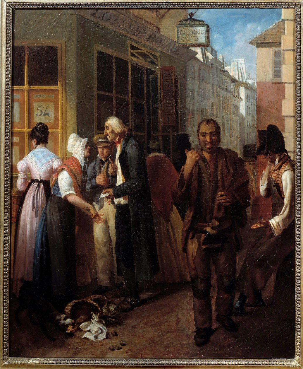 Kontor for Det Kongelige Lotteri under Restaurationen Anonyme maleri af det 19. århundrede. Sol. 0,61x0,51 m Paris, musee Carnavalet af French School