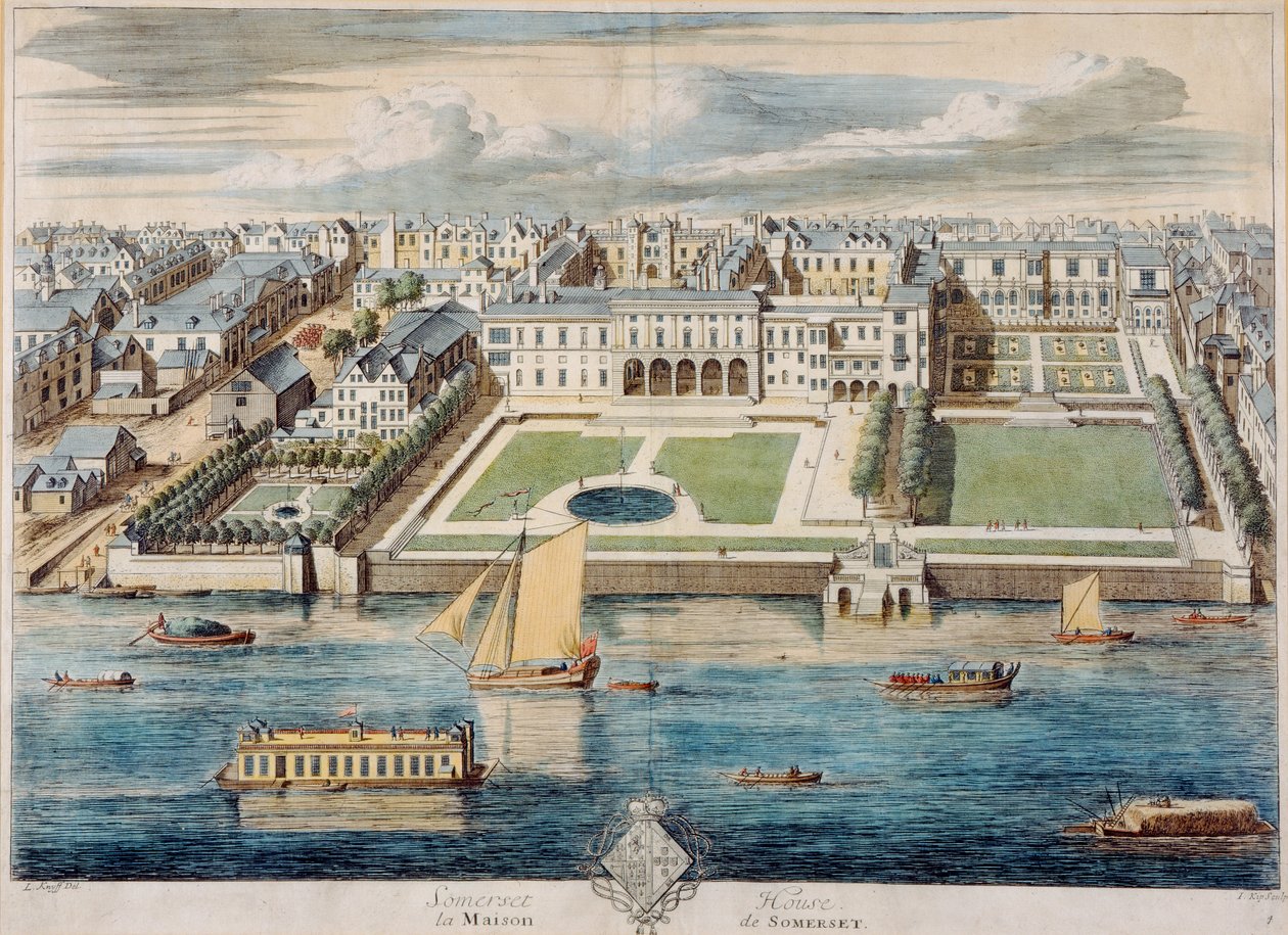 Old Somerset House on the Strand, graveret af Jean Benoit Winckler af French School