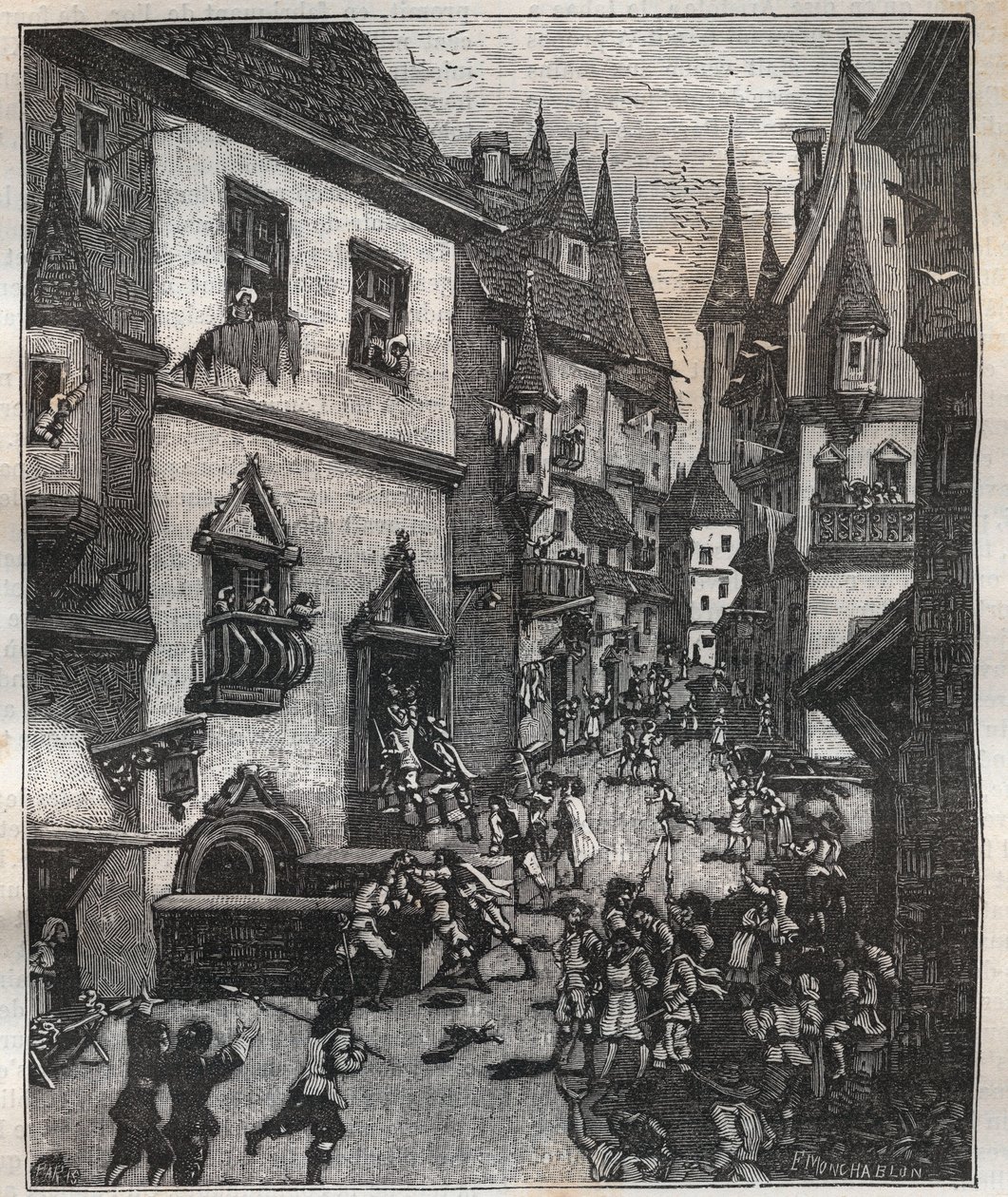Den 20. maj 1636 blev otte falskmøntnere arresteret i rue Champfleuri af to politikommissærer ledsaget af et dusin sergenter - i "Paris a travers les siecles"" af Nicolas Jules Henri Gourdon de Genouillac (1826-1898) af French School
