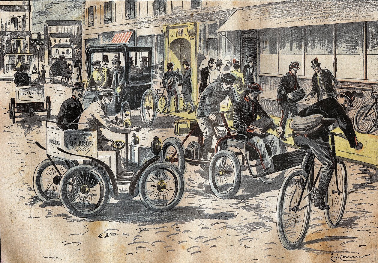 Den 5. oktober 1899 forestod vicestatssekretær på postkontoret Leon Mougeot (1857-1928) de første tests af cykler og forskellige biler til postløft på det centrale postkontor i det XII arrondissement i Paris . Indgravering i "" Le P af French School