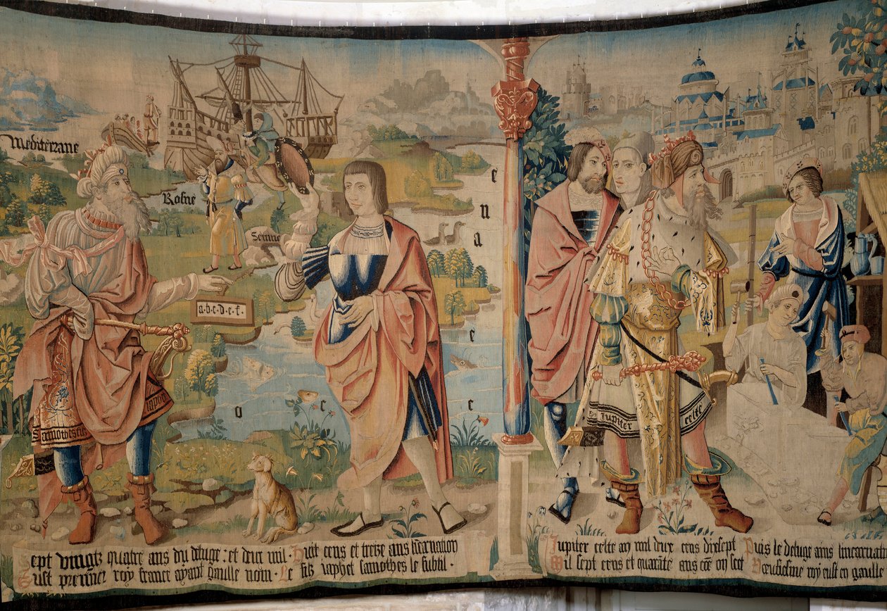Til venstre, Samothes (eller Samote), den første konge af gallerne, et scepter i hånden og et alfabet (han ville være opfinderen af bogstaver), nederst en båd og landskaber i Gallien, Middelhavet, Rhône og ocean, til højre, Celtic Jupiter med af French School