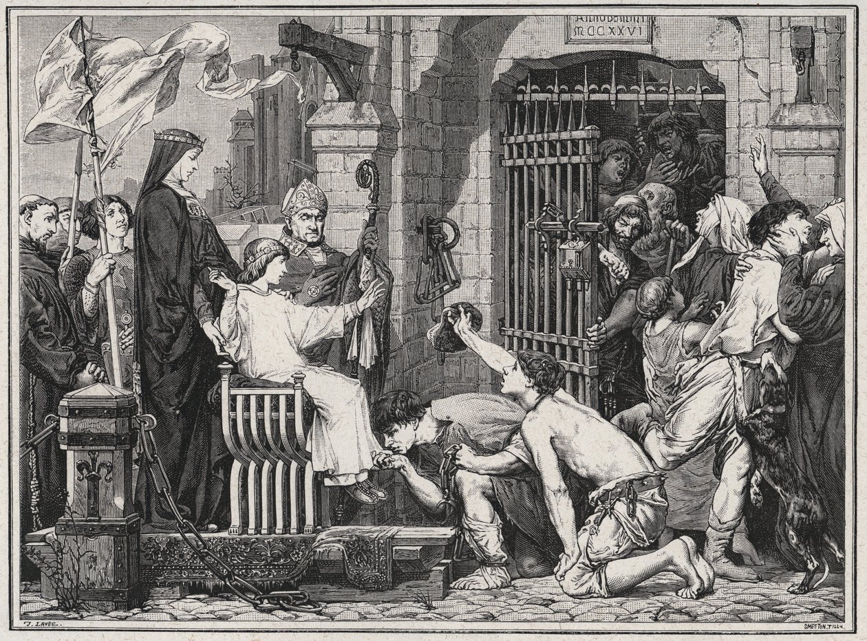 I anledning af sin fremtid (1227) lod den unge Ludvig IX fanger delivere - indgravering i "Les Hommes Celebres de la France" af Louis Dumas 1889 af French School
