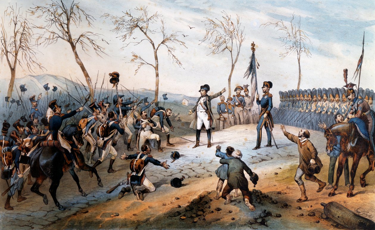Hundrede dage: "" Napoleon Bonaparte (1769-1821) på vej tilbage fra eksil på øen Elba 1815 - Napoleons tilbagevenden fra Elba. af French School