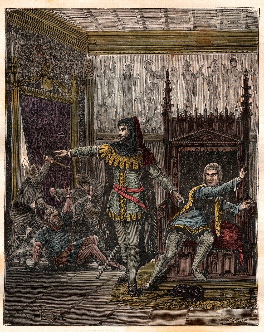 Hundrede års krig: "" Delfinen Charles (dengang Charles V) (1338-1380) (den første delfin i Frankrig) og Etienne Marcel (1302/1310-1358), der myrdede to ministre (marechaux) Robert de Clermont og Jean de Konflans i værelset til den franske delfin kl af French School
