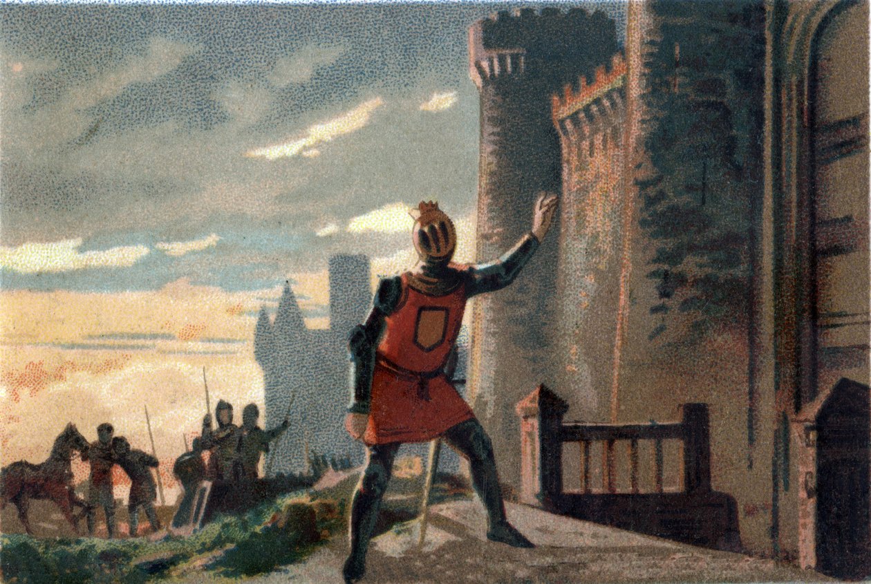 Hundrede års krig: Efter nederlaget i slaget ved Crecy banker kongen af Frankrig Filip VI af Valois (1294-1350) på døren til Chateau de Broye og siger "Åbn op, det er Frankrigs formue!" (eller "Åben, det er den ulykkelige konge af Frankrig! af French School