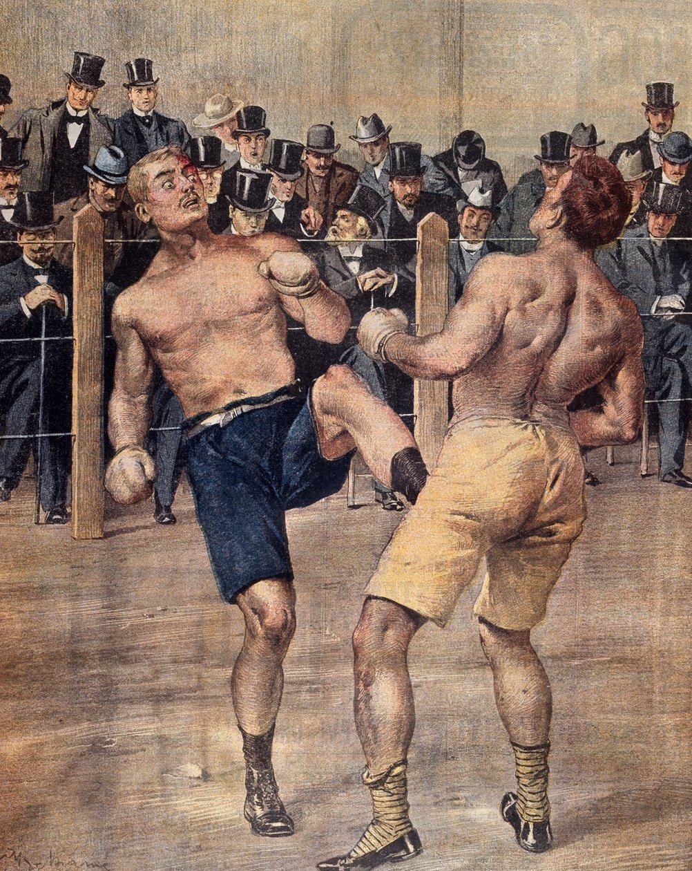 Et af de første frelste møder, fransk boksning, kæmpede i Paris i 1899, Farvegravering. Frankrig af French School