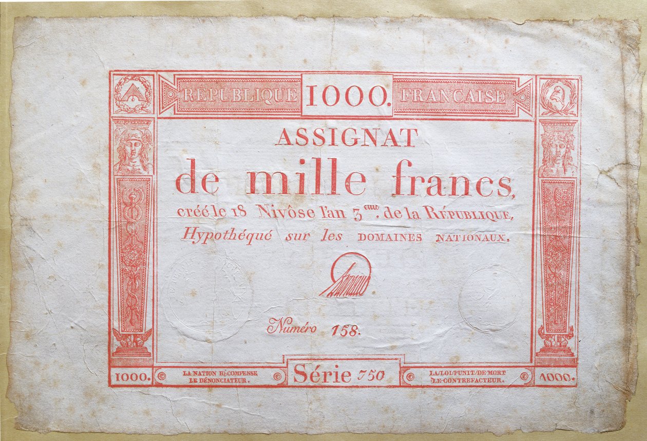 Et tusind franc seddel, 1795 (blæk på papir) af French School