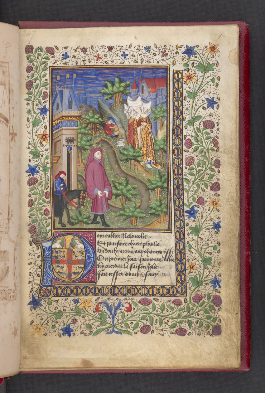 Åbningsside. En herre i et landskab, efterfulgt af en anden rejst på en hest, med tre damer.  Le livre des quatre dames; af Alain Chartier. Le livre des quatre damer; af Alain Chartier.  Chartier, Alain, Uspecificeret, sekretær for Charles V af French School