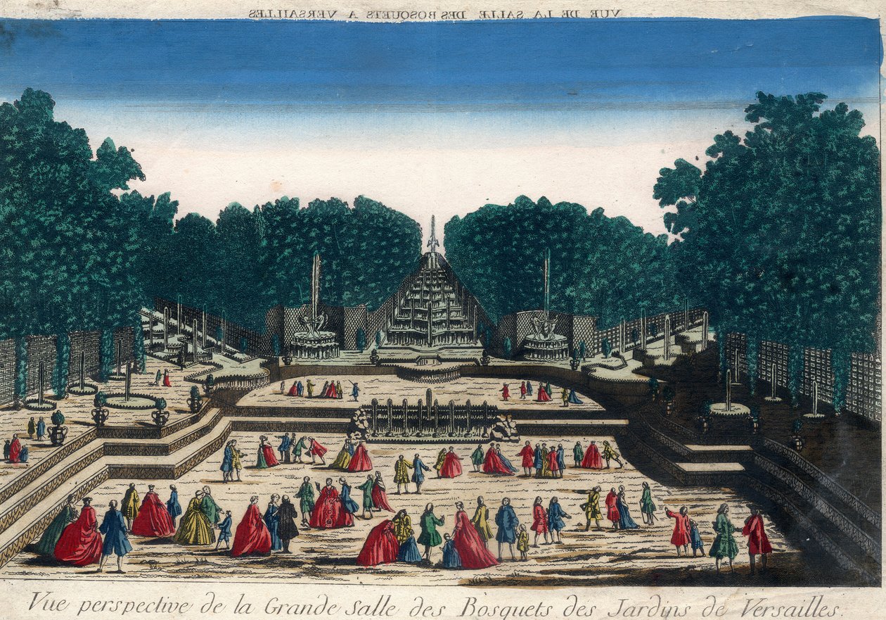 Optisk udsigt: Perspektiv udsigt over den store sal af lundene i Versailles haver. Indgravering af det 18. århundrede. af French School