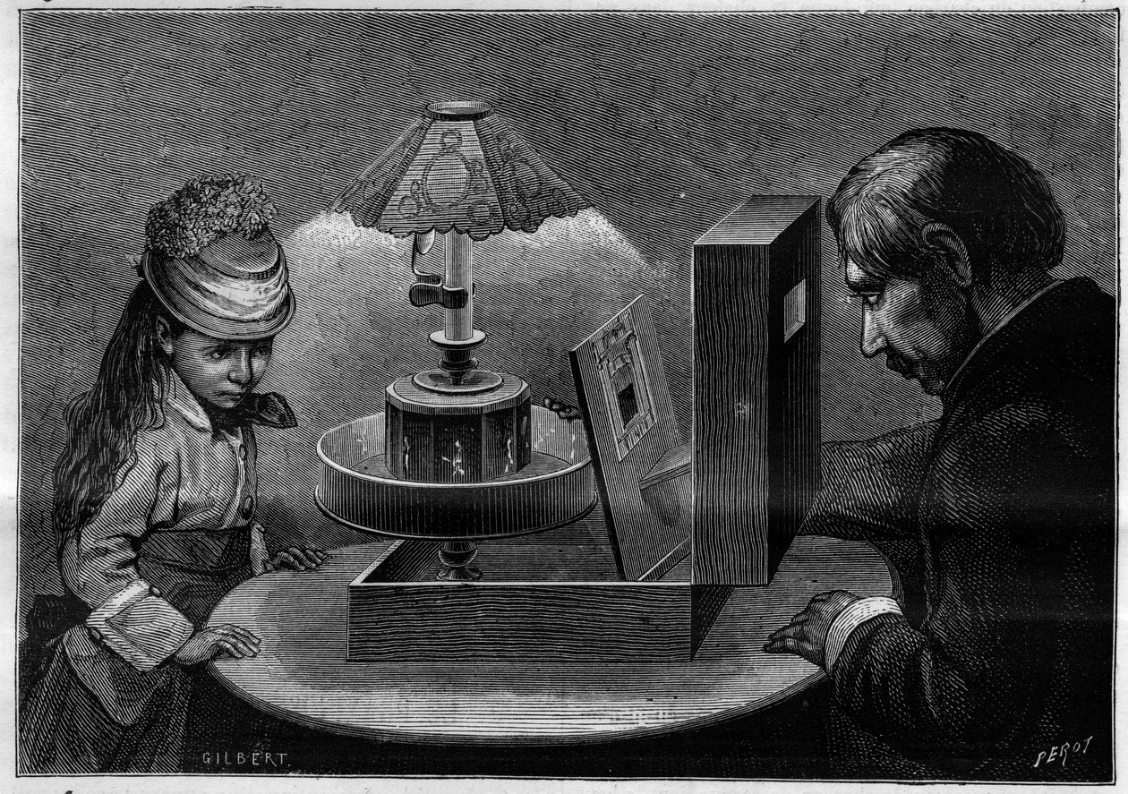Optisk illusion: praxinoskopteateret, apparat opfundet af Emile Reynaud (1844-1918). Indgravering i "" Nature. Journal of science og dets anvendelser til kunst og industri. af French School