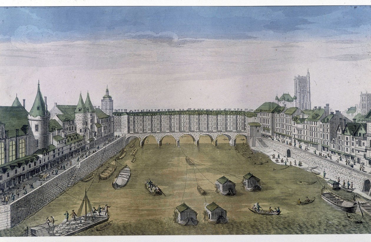 Optisk billede af Paris: Le Pont au change. sd. v. 1800, byen Paris. af French School