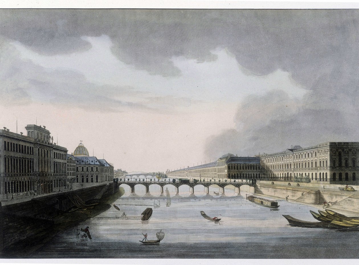 Optisk udsigt over Paris: Pont des Arts omkring 1810, City of Paris. af French School