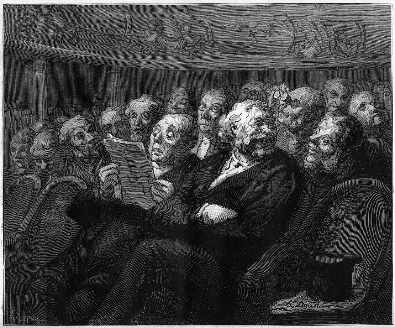 Orkester stole. Tegnefilm af Honore Daumier (1808-1879). Indgravering i "" Le Monde Illustré"" nr. 1101 af 4. maj af French School
