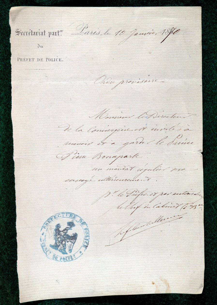 Ordre om fængsling af prins Pierre Bonaparte (1815-1881) til concierge den 10. januar af French School