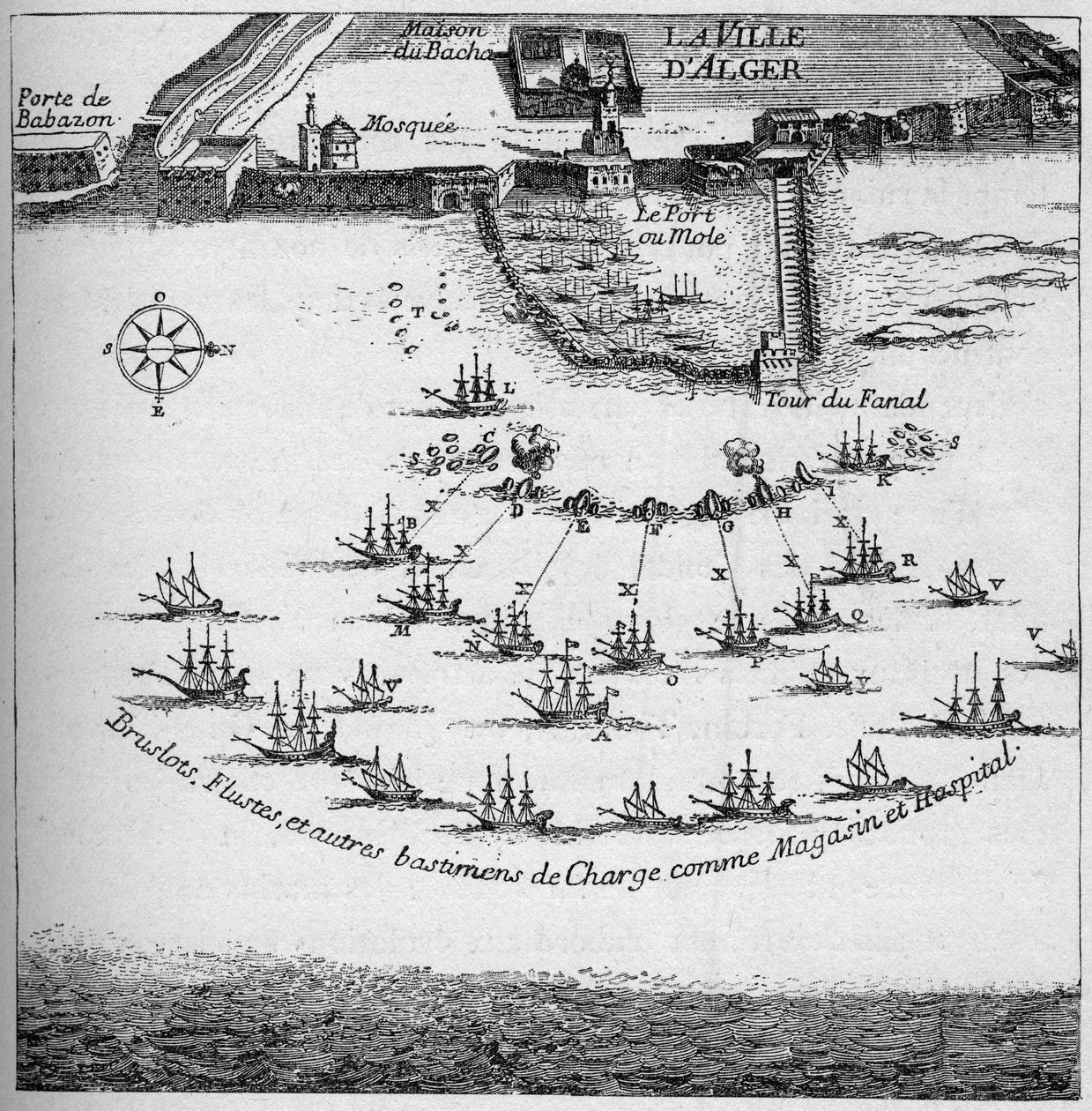 Orden af de franske skibe til angrebet på Algier i 1683. Indgravering i "La Marine et les colonies: handel" af French School