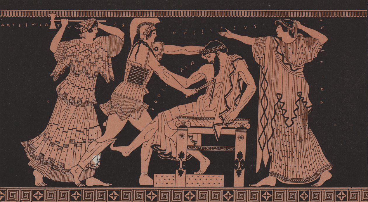 Orestes dræber Aegisthus (farvelitografi) af French School