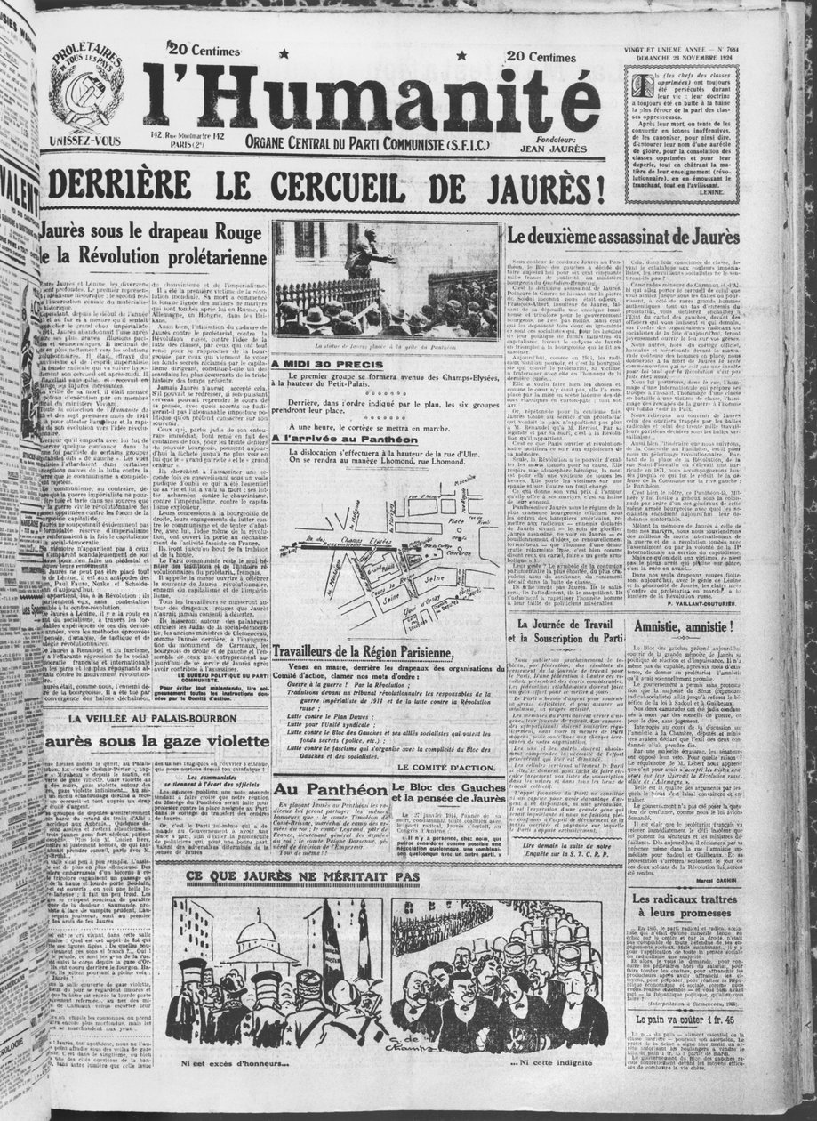Organisering af overførslen af Jean Jaures til Pantheon, Paris, fra LHumanite, 23. november 1924 (trykt papir) af French School