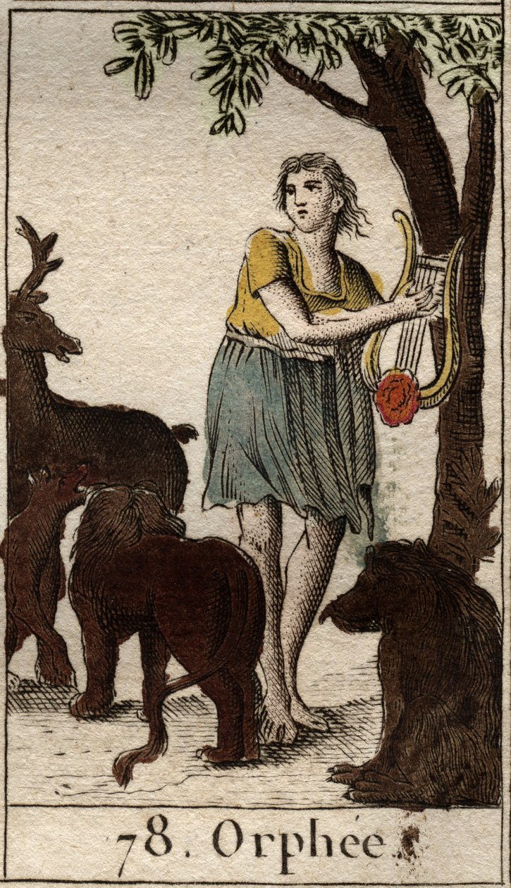 Orpheus charmerer de vilde dyr ved at spille sin lyre fra "Mythologie de la jeunesse" af Pierre Blanchard 1803. af French School