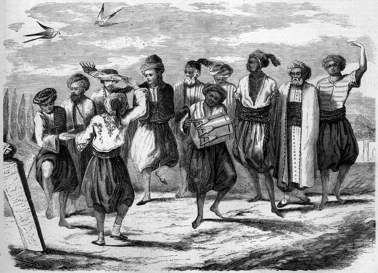 Ortodokse fest: Græske påskedanser på Den Store Dødemark i Konstantinopel. Indgravering i "" Le Monde Illustré"" nr. 52 af 10. april 1858. af French School